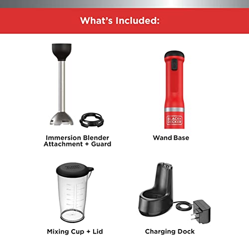 BLACK+DECKER Kitchen Wand Immersion Blender Handheld, With Charging Dock, Mixing Cup, Cordless, Red (BCKM1011K06)