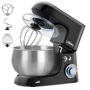 loniko stand mixer, 6.5-qt 6-speed tilt-head food mixers kitchen electric stand mixer, household stand mixers with dough hook, flat beater & whisk, baking mixer with stainless steel bowl(black)