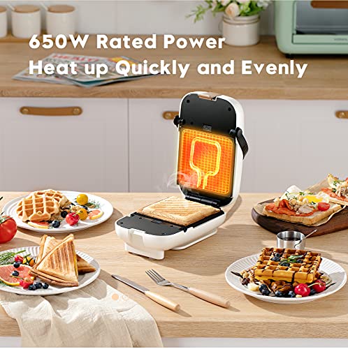 Auertech Sandwich Waffle Maker, 650W 2 in 1 Portable Mini Sandwich Maker Panini Press Grill with, Indicator Lights, Cool Touch Handle, Detachable Non-stick Plates, 0-15 Mins Adjustable Timer (Red)