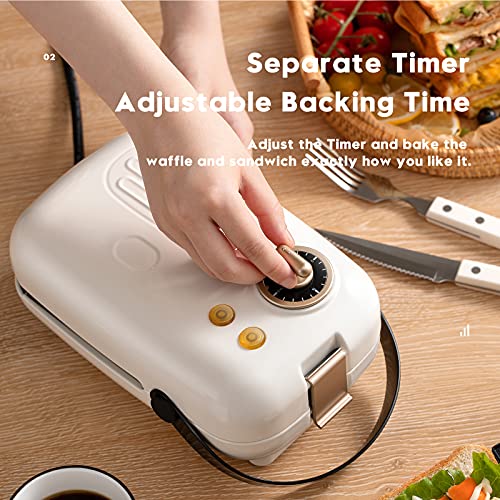 Auertech Sandwich Waffle Maker, 650W 2 in 1 Portable Mini Sandwich Maker Panini Press Grill with, Indicator Lights, Cool Touch Handle, Detachable Non-stick Plates, 0-15 Mins Adjustable Timer (Red)