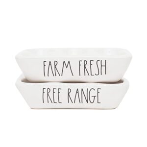 rae dunn by magenta stoneware egg trays – set of 2 farmhouse style egg holders fit 12 eggs, hand lettered “farm fresh” and “free range”