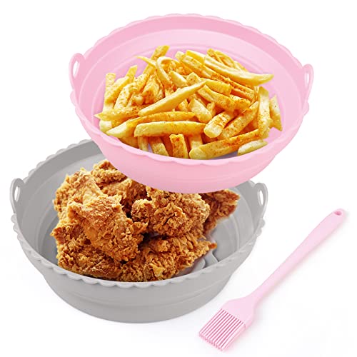 Air Fryer Silicone Liners with Brush, 2Pcs Reusable Food Safe Air Fryers Basketfor 3-6 QT, Easy Cleaning Foldable Air Fryer Accessories for Oven Microwave