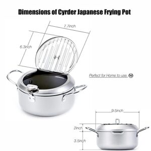 Cyrder Japanese Tempura Deep Fryer Pot with Thermometer and lid, 9.5" For Home with Oil Filtration, Big Deep Fryer Perfect for Family Easy Clean, Silver Deep Fryer Pot