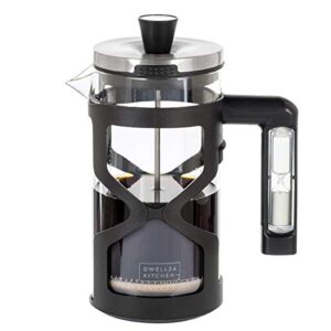 dwËllza kitchen french press coffee maker – with 3 minute timer handle, 34 ounce, triple filtration system, includes 2 additional filters, glass coffee french press with black shell protecting