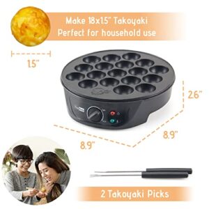 FineMade Takoyaki Maker Pan with Temperature Control, Tools and Recipes, Make 18 Japanese Octopus Balls at once, Easy to Use and Store