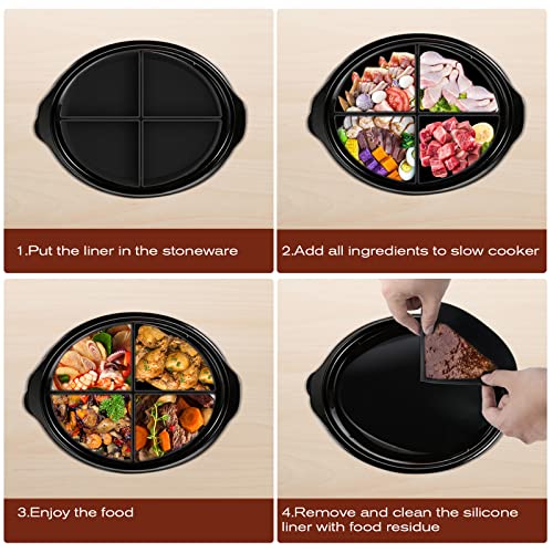 4 In 1 Slow Cooker Divider Liner Fits 6 QT Crockpot, 4 Grids Silicone Crockpot Divider, Cooking Liner for Round and Oval Slow Cooker, Reusable/Leakproof/BPA Free/Dishwasher - Black