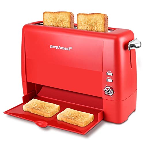 prepAmeal Long Slot Toaster 2 Slice Toaster with 6 Shade Settings, Bagel / Cancel, Extra Wide Slots, Removable Crumb Tray, for Bagels, Waffles, Breads, Puff Pastry, Snacks (2-Slice, Red)