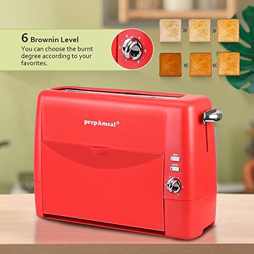 prepAmeal Long Slot Toaster 2 Slice Toaster with 6 Shade Settings, Bagel / Cancel, Extra Wide Slots, Removable Crumb Tray, for Bagels, Waffles, Breads, Puff Pastry, Snacks (2-Slice, Red)