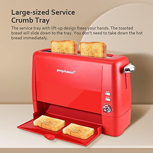 prepAmeal Long Slot Toaster 2 Slice Toaster with 6 Shade Settings, Bagel / Cancel, Extra Wide Slots, Removable Crumb Tray, for Bagels, Waffles, Breads, Puff Pastry, Snacks (2-Slice, Red)