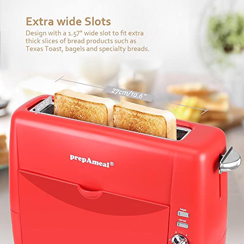 prepAmeal Long Slot Toaster 2 Slice Toaster with 6 Shade Settings, Bagel / Cancel, Extra Wide Slots, Removable Crumb Tray, for Bagels, Waffles, Breads, Puff Pastry, Snacks (2-Slice, Red)