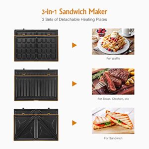 OSTBA Sandwich Maker 3-in-1 Waffle Iron, 750W Panini Press Grill with 3 Detachable Non-stick Plates, LED Indicator Lights, Cool Touch Handle, Easy to Clean