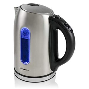 ovente electric stainless steel hot water kettle 1.7 liter with 5 temperature control & concealed heating element, bpa-free 1100 watt tea maker with auto shut-off and keep warm setting, silver ks88s