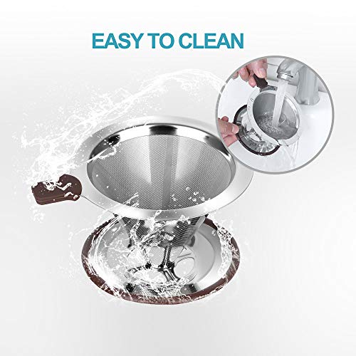 Pour Over Coffee Dripper , RealPero Coffee Filter Stainless Steel Paperless and Reusable , Professional Drip Brew Coffee Cone Strainer , Update Double Micro Mesh Filter with Cup Stand ,1-2 Cup