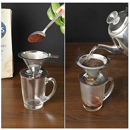 Pour Over Coffee Dripper , RealPero Coffee Filter Stainless Steel Paperless and Reusable , Professional Drip Brew Coffee Cone Strainer , Update Double Micro Mesh Filter with Cup Stand ,1-2 Cup
