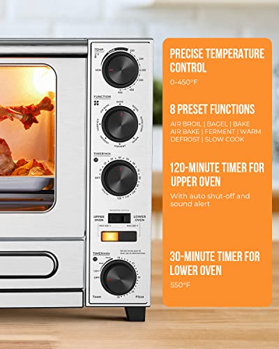 Toaster Oven Countertop, Dual Zone Toaster Oven Air Fryer Combo 29QT/28L Extra Large Capacity with 12 Inch Pizza Oven for Indoor (Max 550℉), for Roast Turkey, Stainless Steel Housing and Accessories Set, Quartz Heating Element(Good Heating Speed) BLAZANT