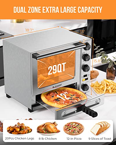 Toaster Oven Countertop, Dual Zone Toaster Oven Air Fryer Combo 29QT/28L Extra Large Capacity with 12 Inch Pizza Oven for Indoor (Max 550℉), for Roast Turkey, Stainless Steel Housing and Accessories Set, Quartz Heating Element(Good Heating Speed) BLAZANT