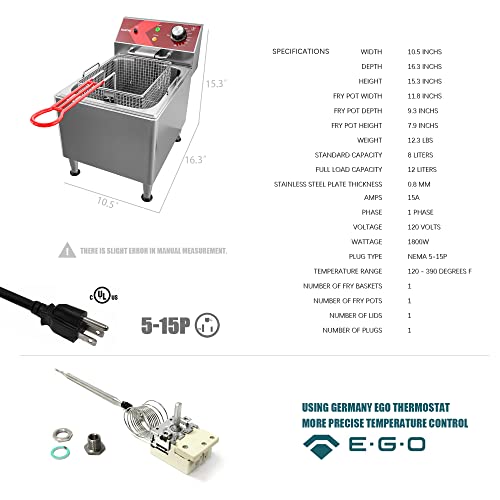 EGGKITPO Deep Fryer with Basket Commercial Deep Fryer 12L Electric Countertop Fryer Stainless Steel Deep Fryers for Restaurant Home Use with Extra Large Frying Basket and Lid, 120V, 1800W