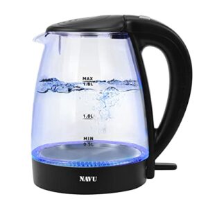 navu electric kettle 1.8 liter, stainless steel inner lid, 1500w power with led indicator, glass tea kettle for quick boiling water, auto shut-off and boil-dry protection