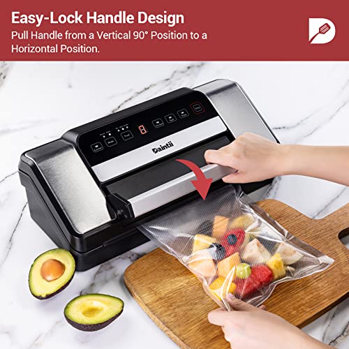 Daintii Deluxe Food Vacuum Sealer Machine, 85Kpa High Performance Vacuum Sealing System with Easy-lock Handle, Built-in Storage & Bag Cutter, Included Starter Kit, Safety Certified, Stainless Steel