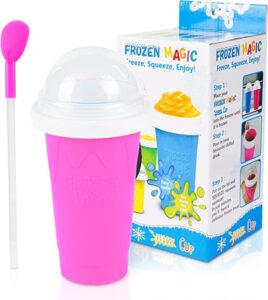 slushie maker cup, homemade squeeze icy cup, quick frozen magic cup slushy with lids and straws for kids & adults (pink) blue,green and pink 17cmx8.3cm