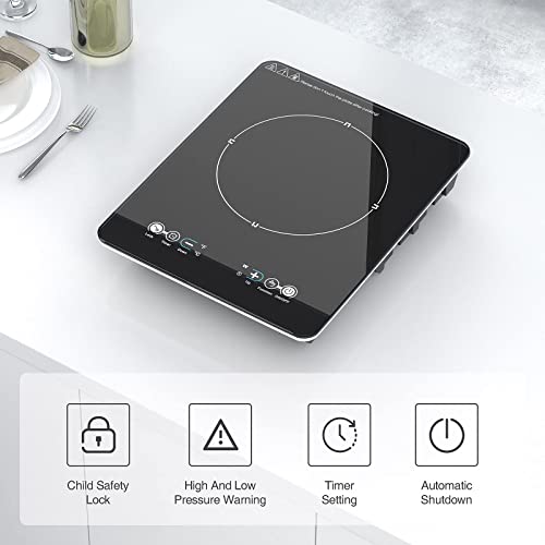 VBGK Portable Induction Cooktop With Ultra Thin Body, Low Noise Hot Plate With 1800W Sensor Touch Single Electric Cooktops Countertop Stove With 9 Temperature & Power Levels, 3-hour Timer, Safety Lock Induction Cooktop