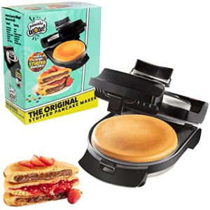 stuffed pancake maker- make a giant stuffed waffle or pan cake in minutes- add fillings for delicious breakfast or dessert treat, electric, nonstick w silicone batter funnel – fun holiday kitchen gift