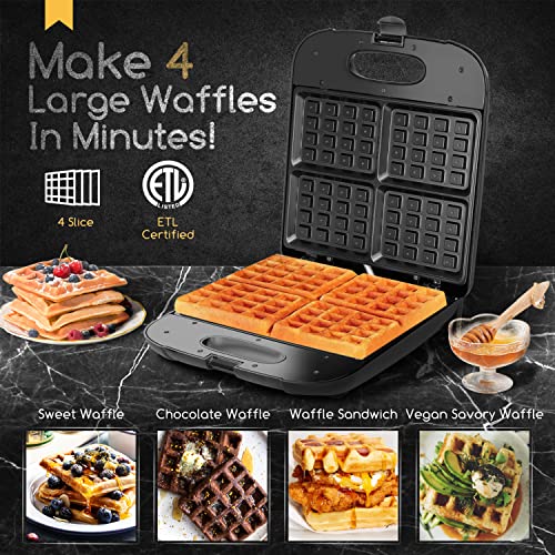 Aigostar Waffle Maker, 4-Slice Non-Stick Belgian Waffle Iron, 1400W Square Waffle Machine with Indicator Lights, Easy to Clean, PFOA Free, Compact Design, ETL Certificated, Black