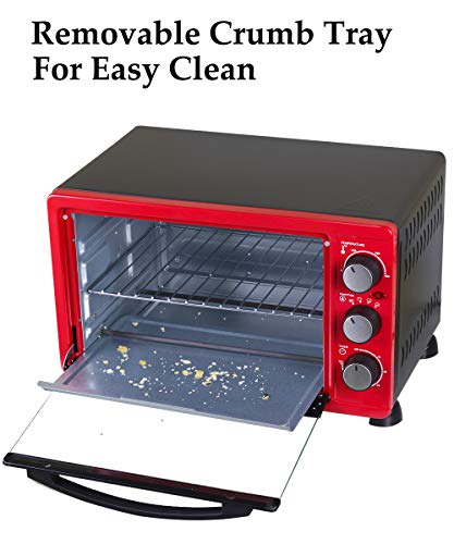 LUBY Convection Toaster Oven with Timer, Toast, Broil Settings, Includes Baking Pan, Rack and Crumb Tray, 6-Slice, Red