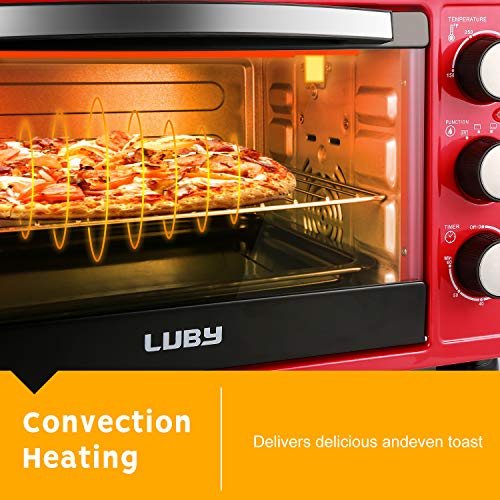 LUBY Convection Toaster Oven with Timer, Toast, Broil Settings, Includes Baking Pan, Rack and Crumb Tray, 6-Slice, Red