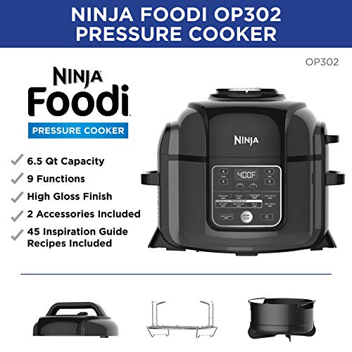 Ninja OP302 Foodi 9-in-1 Pressure, Broil, Dehydrate, Slow Cooker, Air Fryer, and More, with 6.5 Quart Capacity and 45 Recipe Book, and a High Gloss Finish