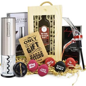 wine gifts set – luxurious wine accessories set with wooden box- wine set includes rechargeable wine opener, aerator, wine stoppers & pairing guide- the best wine basket gift – wine gifts for women