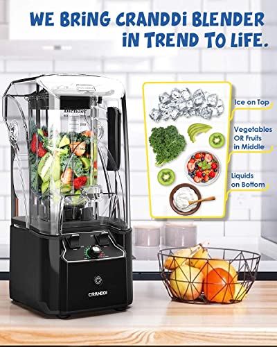 CRANDDI Quiet Commercial Blender with Soundproof Shield, 2200 Watt Professional Blenders for Kitchen with 80oz Jar and Self-Cleaning, High-Speed Blenders K90 Black