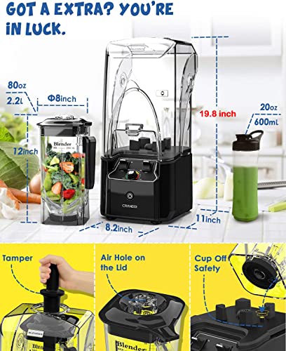 CRANDDI Quiet Commercial Blender with Soundproof Shield, 2200 Watt Professional Blenders for Kitchen with 80oz Jar and Self-Cleaning, High-Speed Blenders K90 Black