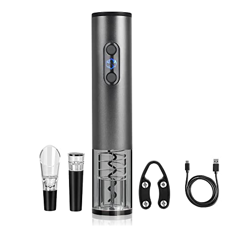 Electric Wine Bottle Opener Automatic Wine Opener Rechargeable Electric Corkscrew with Wine Aerator,Foil Cutter,Wine Stopper,USB C Charging Cable, Perfect Wine Gifts Set (Silver Grey)