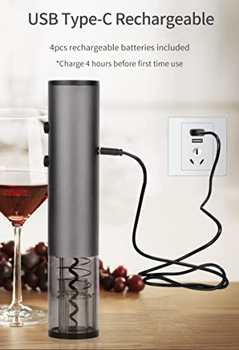 Electric Wine Bottle Opener Automatic Wine Opener Rechargeable Electric Corkscrew with Wine Aerator,Foil Cutter,Wine Stopper,USB C Charging Cable, Perfect Wine Gifts Set (Silver Grey)