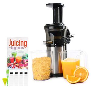 cold press masticating juicer with 16 oz plastic juice bottles with black caps and juicing recipe book, includes funnel and brush