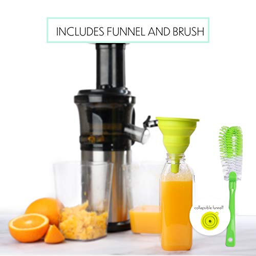 Cold Press Masticating Juicer With 16 oz Plastic Juice Bottles With Black Caps And Juicing Recipe Book, Includes Funnel And Brush
