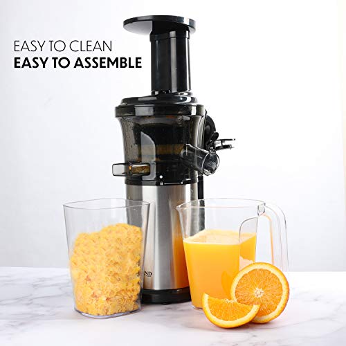 Cold Press Masticating Juicer With 16 oz Plastic Juice Bottles With Black Caps And Juicing Recipe Book, Includes Funnel And Brush