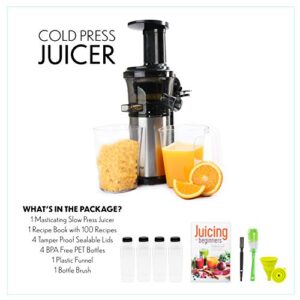 Cold Press Masticating Juicer With 16 oz Plastic Juice Bottles With Black Caps And Juicing Recipe Book, Includes Funnel And Brush