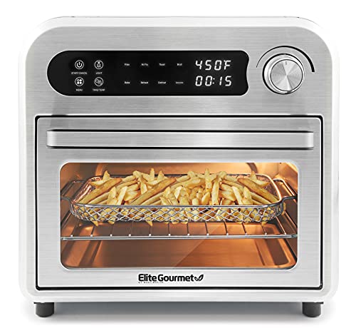 Elite Gourmet EAF1010D All Steel Exterior, Programmable 10.5Qt. Air Fryer, 8 Menu Settings Convection Countertop Oven, Temperature + Timer Controls, Bake, Toast, Broil, Air Fry