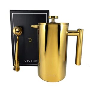 vivine french press stainless steel double walled insulated large 1l / 4 cups of coffee lavish gold mirror finish with coffee grounds scoop 1 tablespoon dishwasher safe