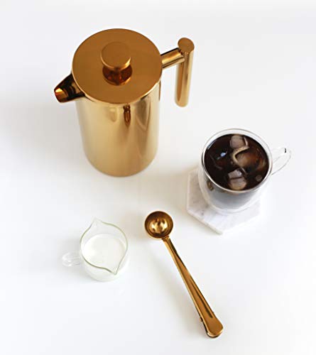 Vivine French Press Stainless Steel Double Walled Insulated Large 1L / 4 Cups of Coffee Lavish Gold Mirror Finish With Coffee Grounds Scoop 1 Tablespoon Dishwasher Safe