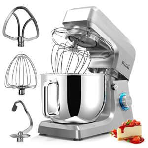 panti stand mixer, 8.5 qt. 660w 6+p speed kitchen aid with dough hooks, whisk, beater and suction cup bottom splash guard attachments for baking bread, cookie, kneading, dishwasher safe, silver