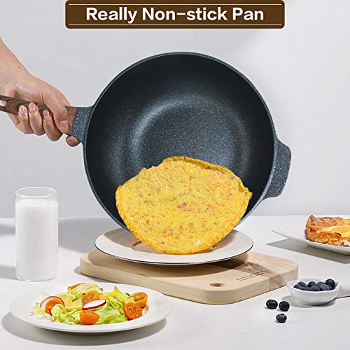 AISUNY Nonstick Frying Pan with Lid and Wok Spatula - 12.5 Inch Skillet for Electric, Induction & Gas Stovetop(Cast Aluminum, Dishwasher Safe)