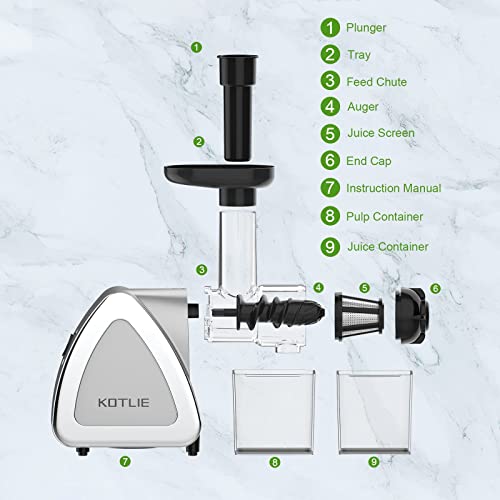 Juicer Machines,KOTLIE Juicer,Easy to Clean,Cold Press Juicer,Juicer Machines Vegetable and Fruit,High Juice Yield Slow Juicer,Slow Juicer with Two Special Container,Brush,Silver Juice Extractor