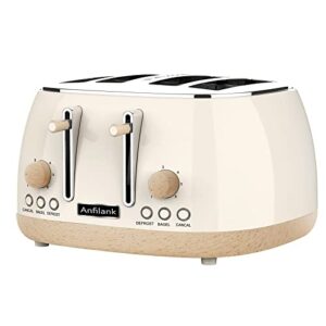 anfilank toaster 4 slice,retro stainless steel toaster with extra wide slots cancel, bagel, defrost function, dual independent control panel, removable crumb tray, 6 shade settings and high lift lever, cream, large size