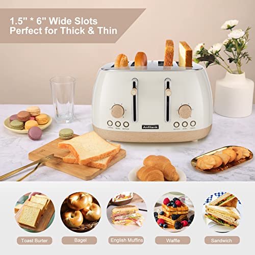 Anfilank Toaster 4 Slice,Retro Stainless Steel Toaster with Extra Wide Slots Cancel, Bagel, Defrost Function, Dual Independent Control Panel, Removable Crumb Tray, 6 Shade Settings and High Lift Lever, Cream, Large Size