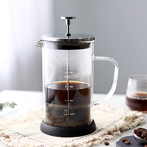 VEVOK CHEF French Press Coffee Tea Maker Heat Resistant Glass 4 Level Filtration System Borosilicate Glass Coffee Press Glass Teapot Large Coffee Pot 34 Oz no grounds