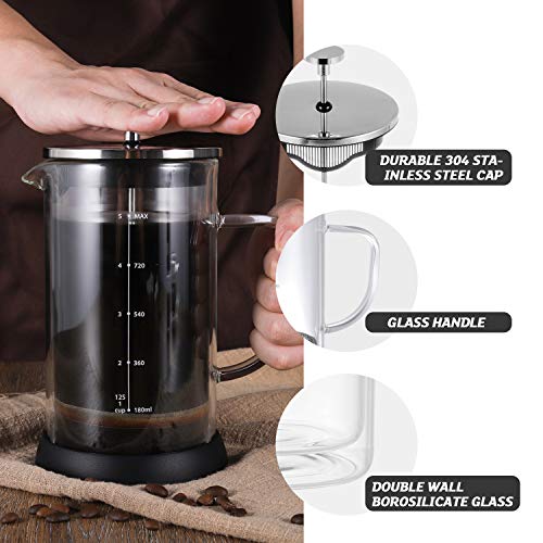 VEVOK CHEF French Press Coffee Tea Maker Heat Resistant Glass 4 Level Filtration System Borosilicate Glass Coffee Press Glass Teapot Large Coffee Pot 34 Oz no grounds