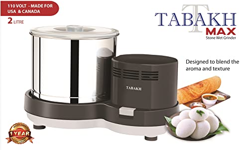 Tabakh Max 2-Liter Stone Wet Grinder with Atta Kneader & Coconut Scraper, 110V, Gray